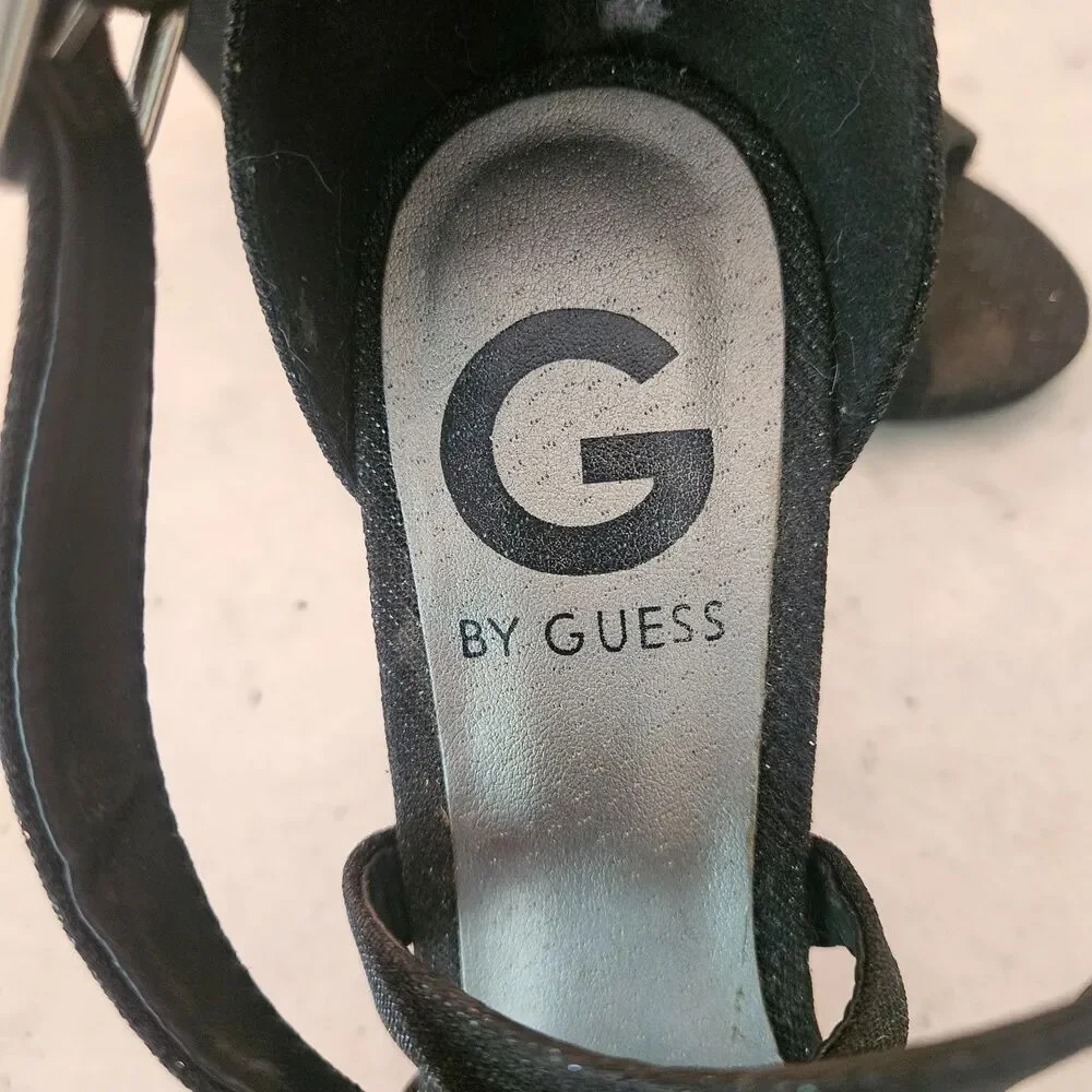 G by Guess Black Glimmer fabric Peep-Toe Wedge Sandals Strappy Night Out Glitter